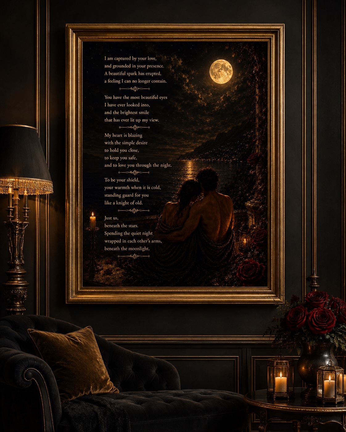 Beneath the Moonlight literary artwork showing a moonlit romantic scene in an ornate antique-gold frame